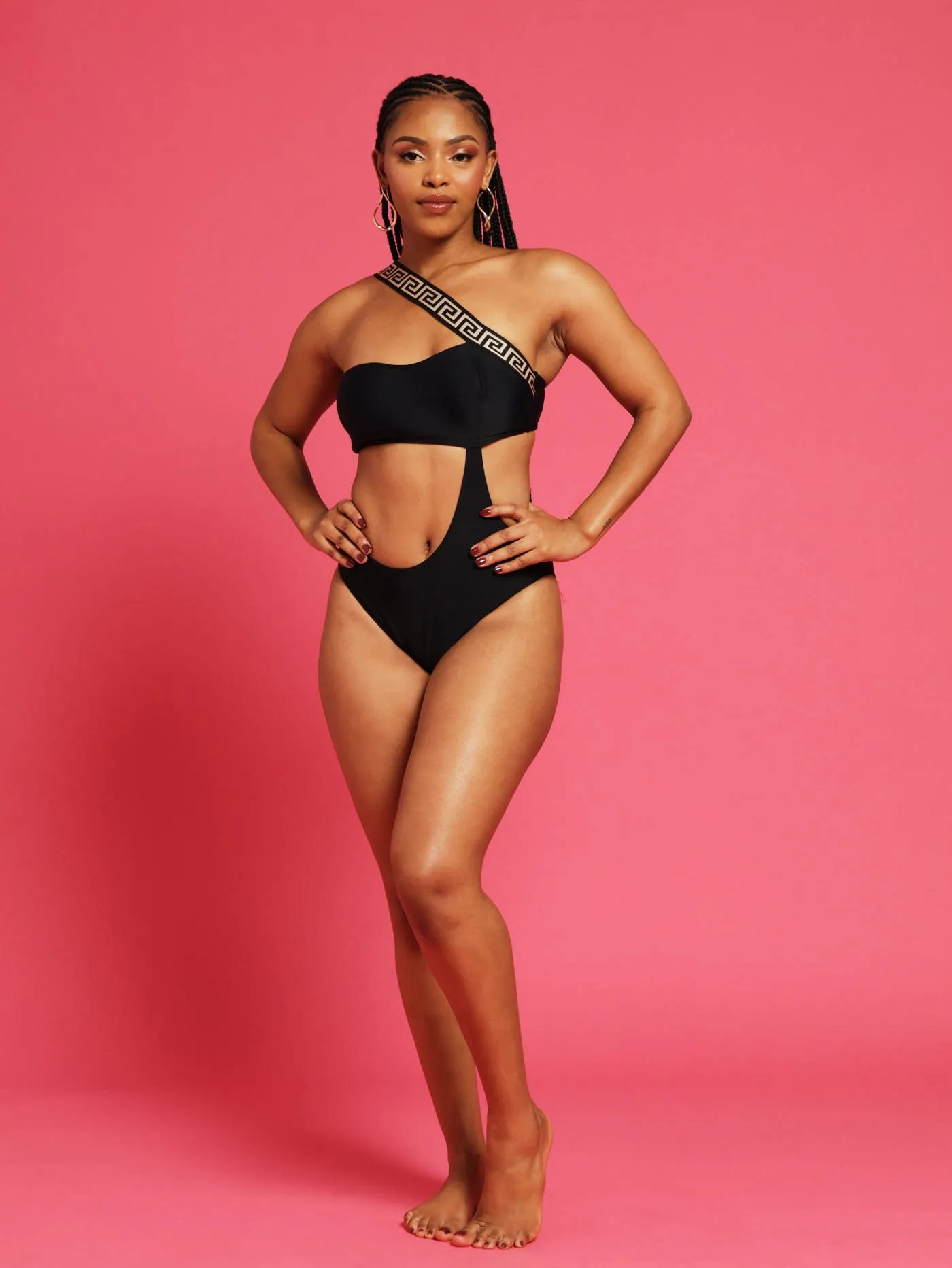 1 Piece Printed Strap Swimsuit - Black