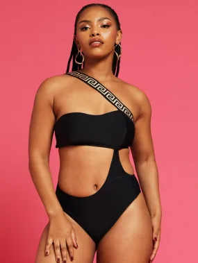 1 Piece Printed Strap Swimsuit - Black