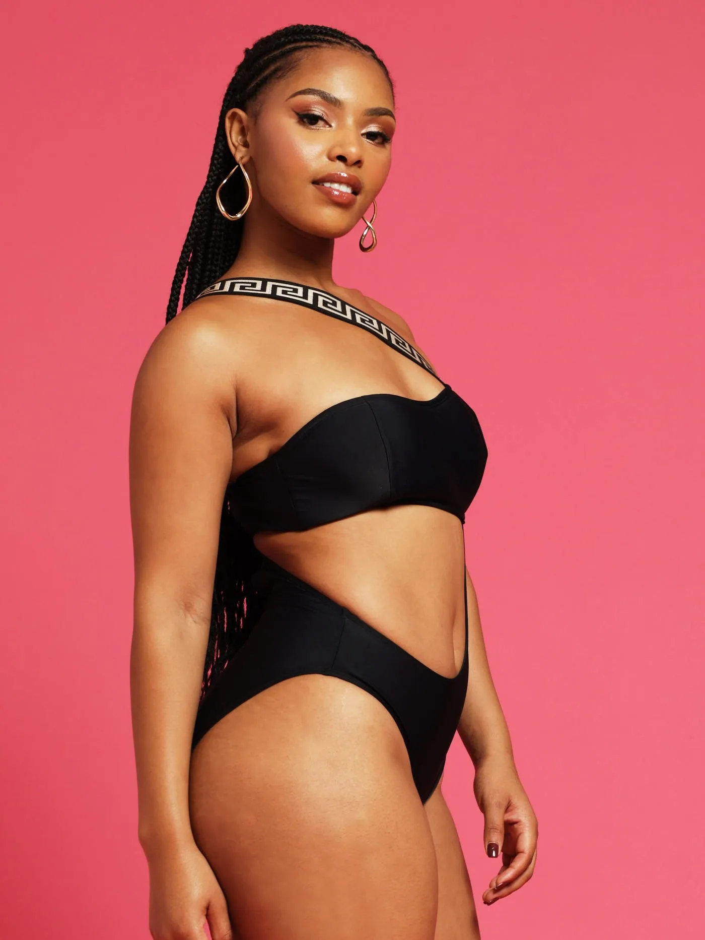1 Piece Printed Strap Swimsuit - Black
