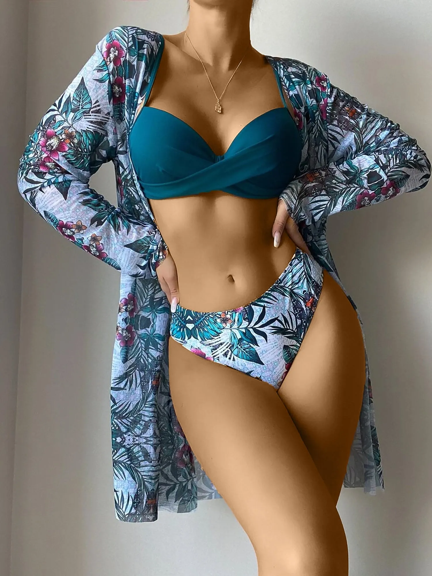 3 Pieces Spaghetti Strap Floral Bikini & Long Sleeves Cover Ups Set