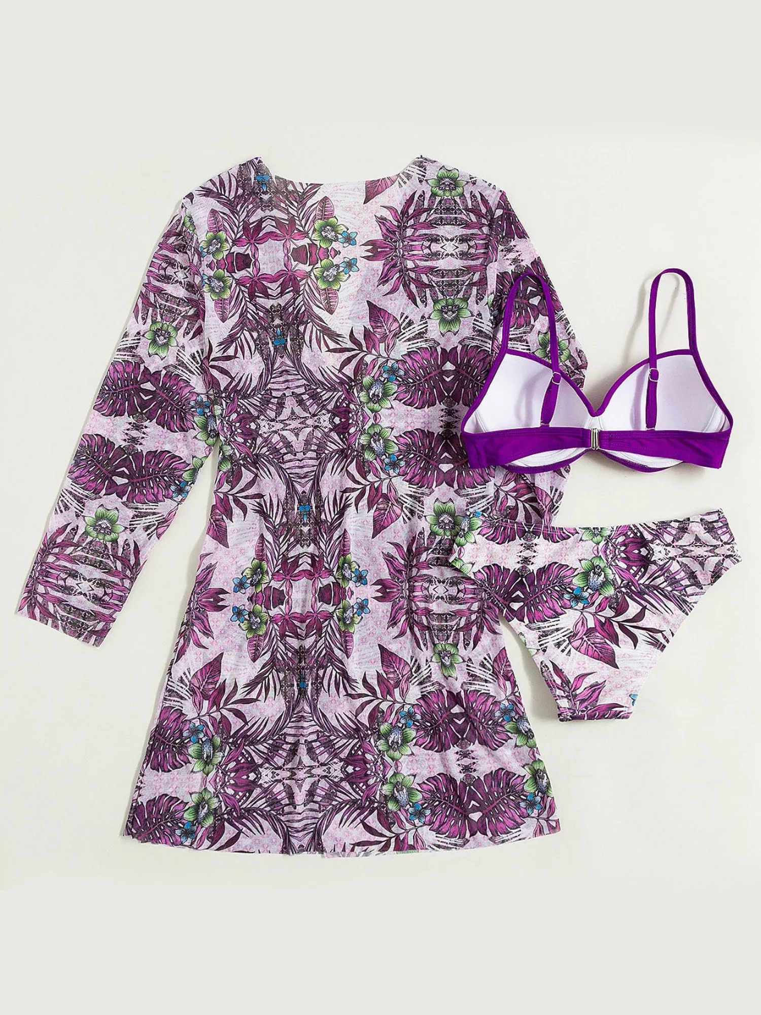 3 Pieces Spaghetti Strap Floral Bikini & Long Sleeves Cover Ups Set