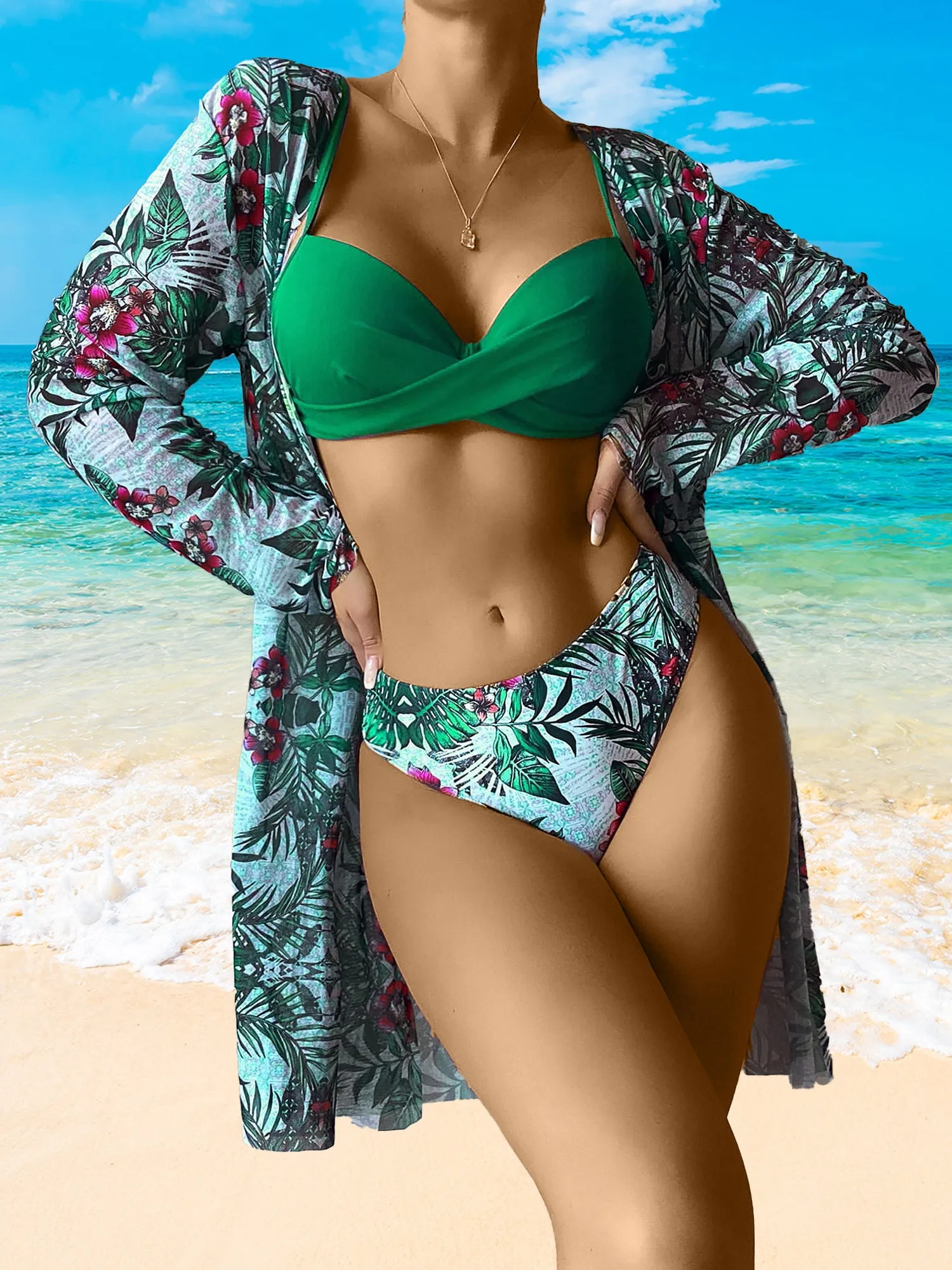 3 Pieces Spaghetti Strap Floral Bikini & Long Sleeves Cover Ups Set
