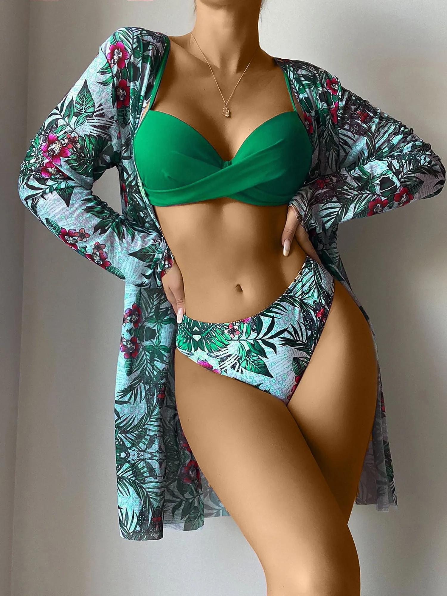 3 Pieces Spaghetti Strap Floral Bikini & Long Sleeves Cover Ups Set