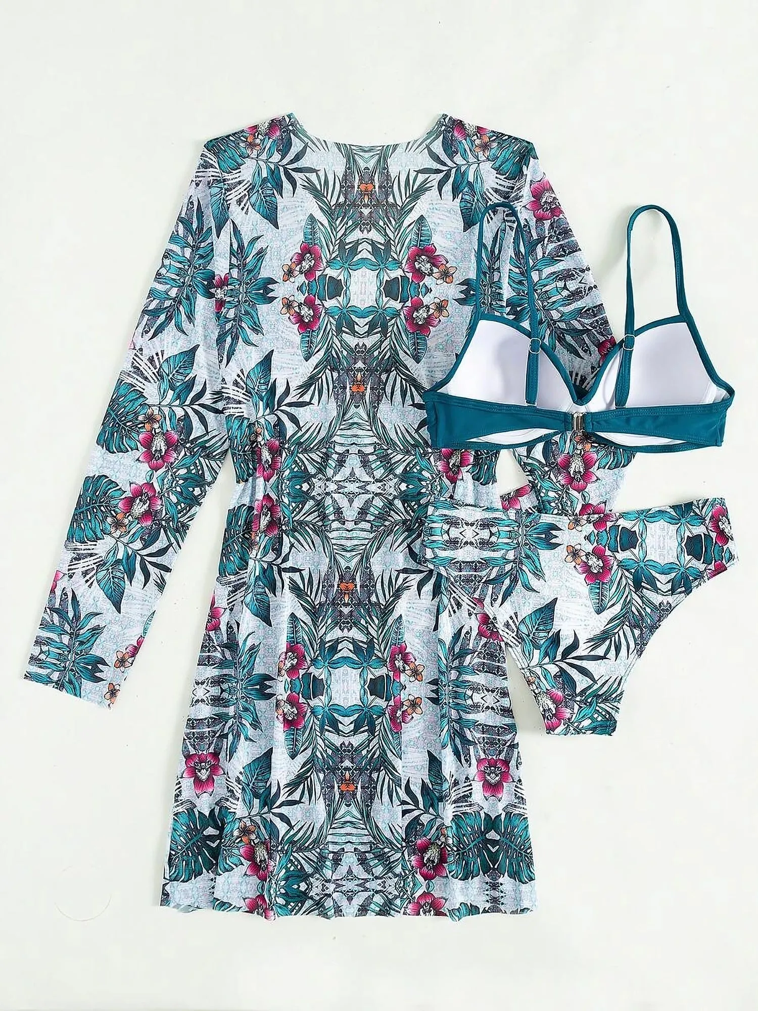 3 Pieces Spaghetti Strap Floral Bikini & Long Sleeves Cover Ups Set