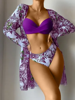 3 Pieces Spaghetti Strap Floral Bikini & Long Sleeves Cover Ups Set