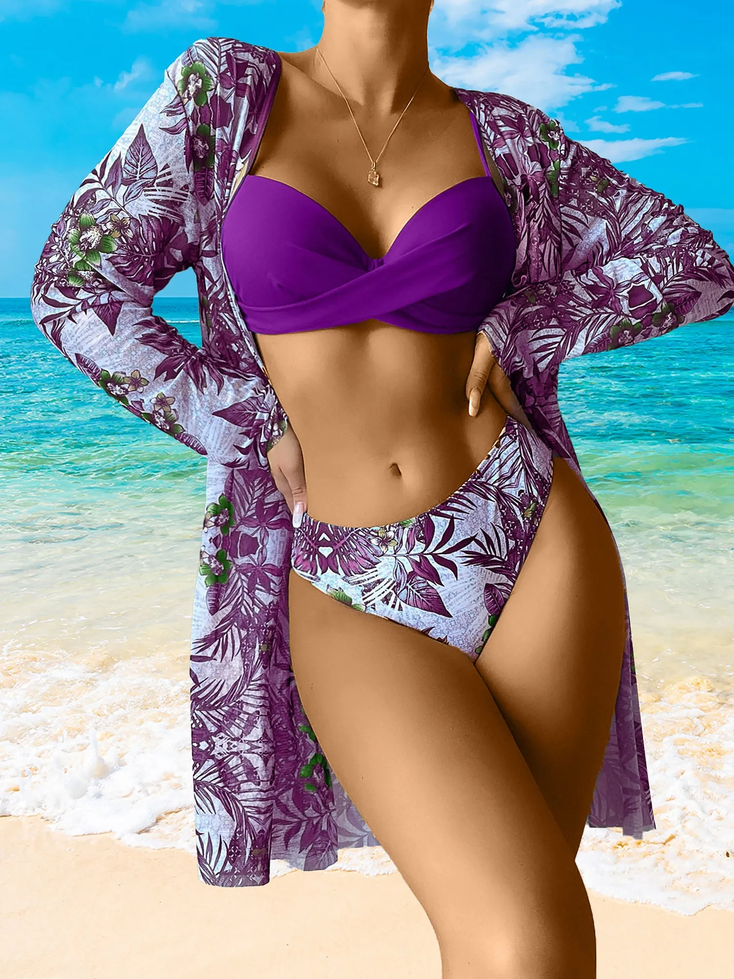 3 Pieces Spaghetti Strap Floral Bikini & Long Sleeves Cover Ups Set