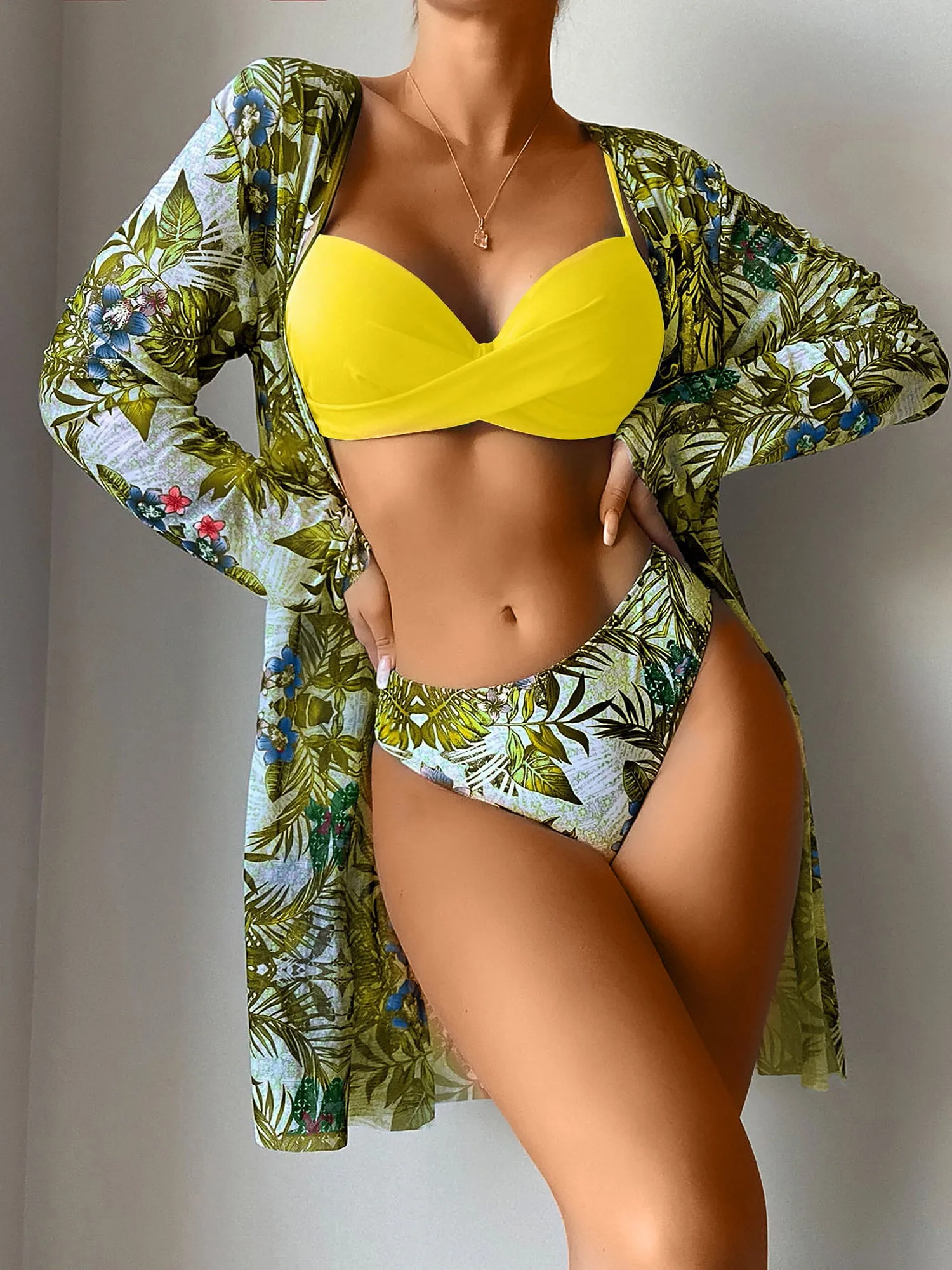 3 Pieces Spaghetti Strap Floral Bikini & Long Sleeves Cover Ups Set