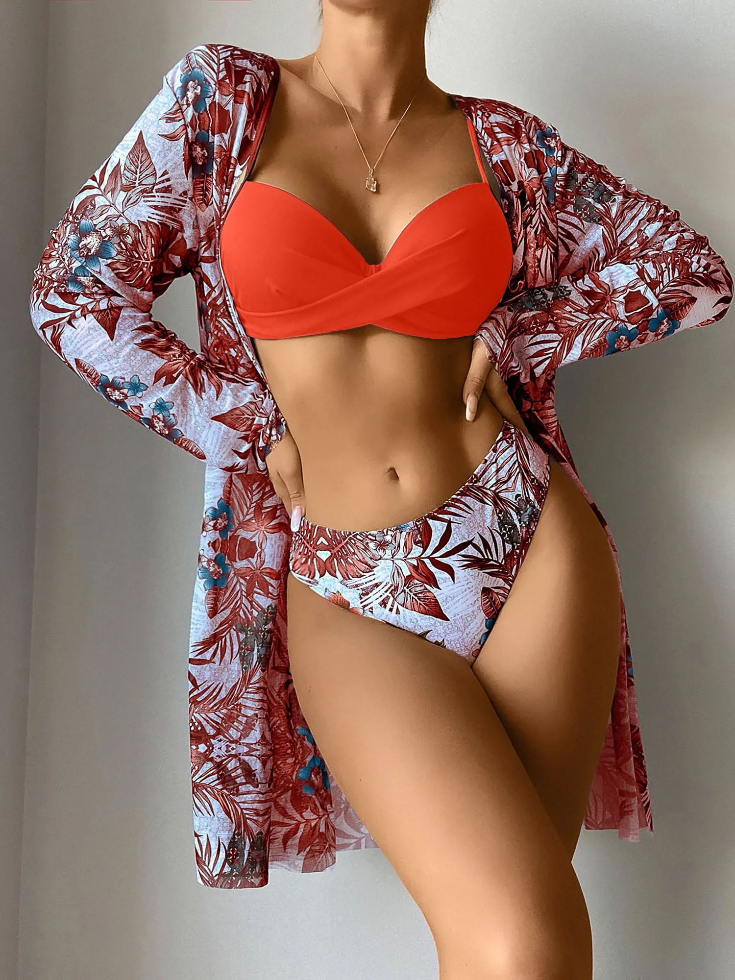 3 Pieces Spaghetti Strap Floral Bikini & Long Sleeves Cover Ups Set