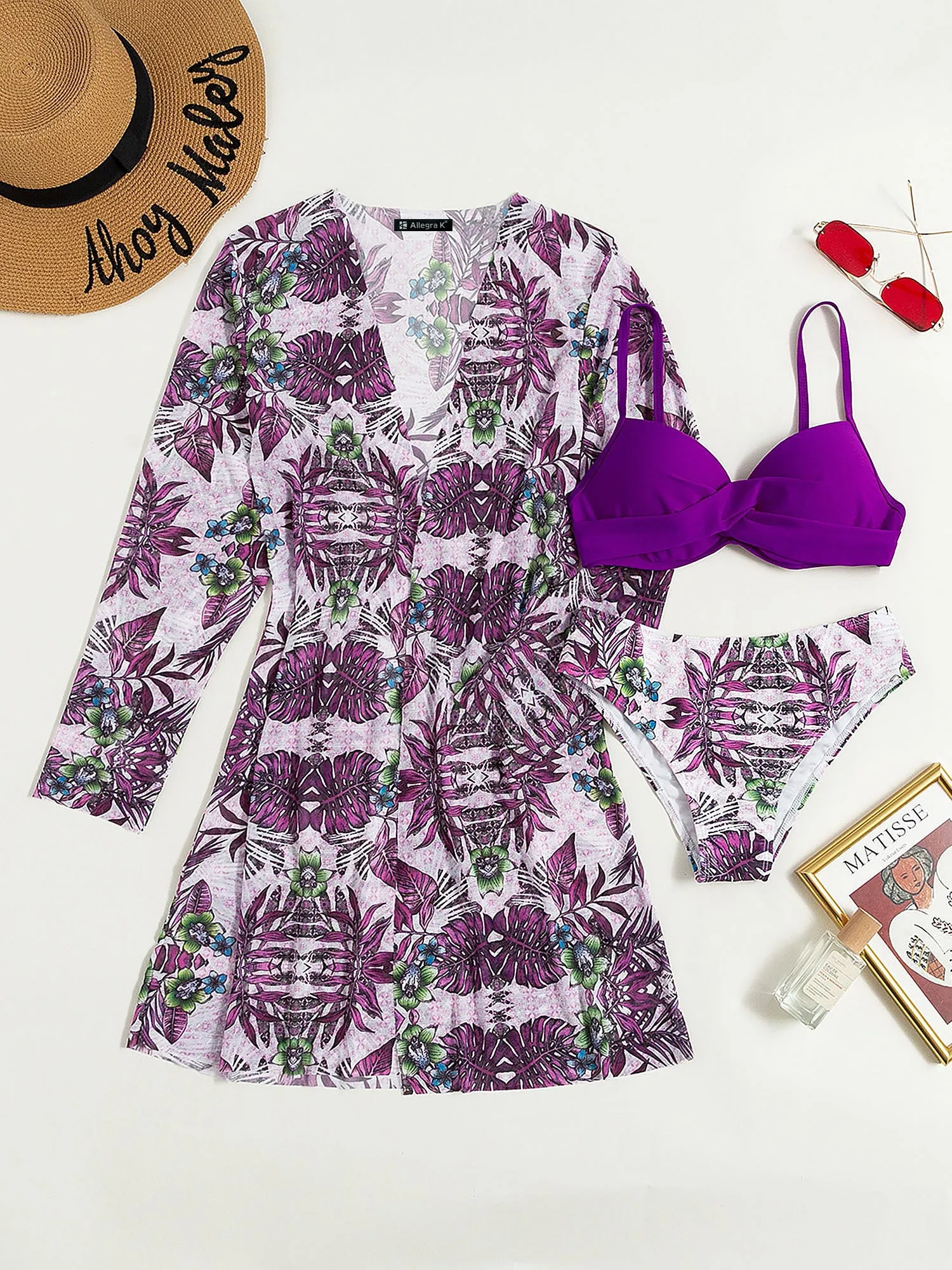 3 Pieces Spaghetti Strap Floral Bikini & Long Sleeves Cover Ups Set