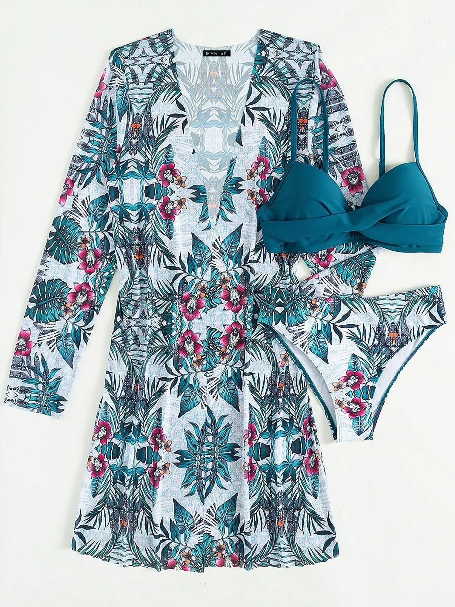 3 Pieces Spaghetti Strap Floral Bikini & Long Sleeves Cover Ups Set