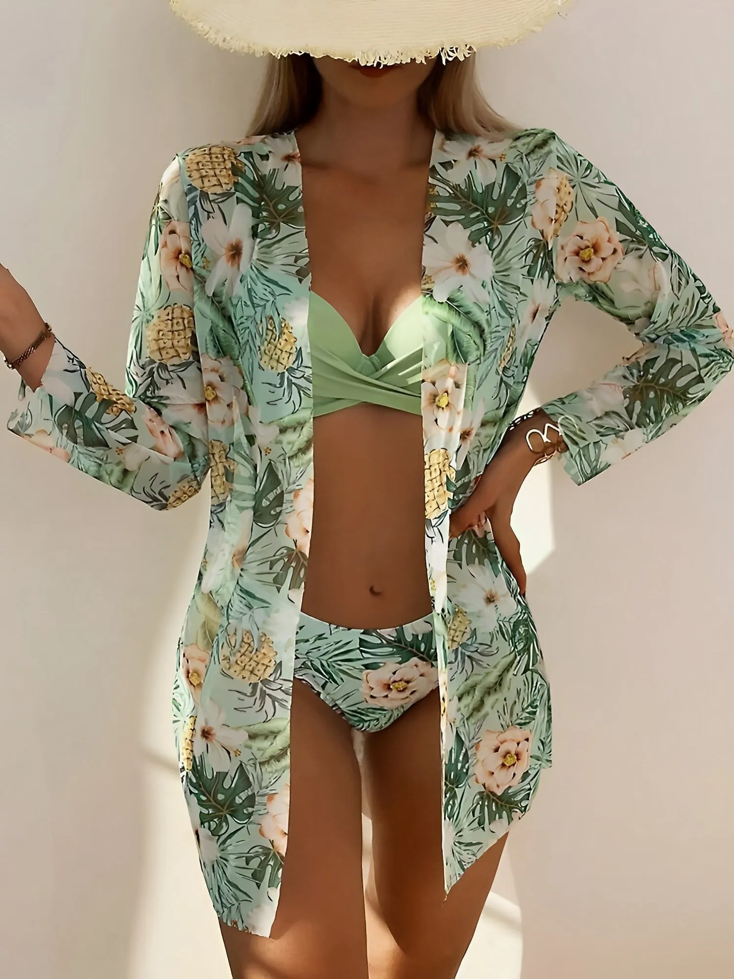 3 Pieces Spaghetti Strap Floral Bikini & Long Sleeves Cover Ups Set