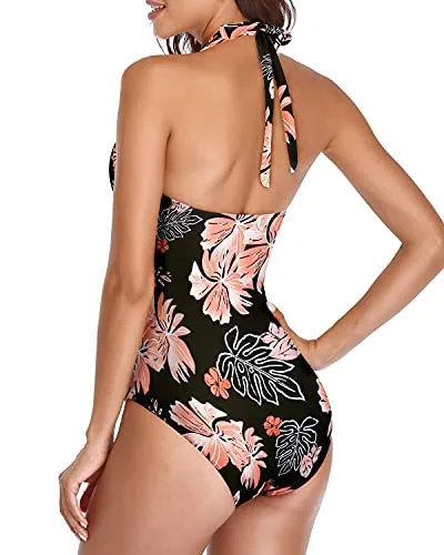 Adjustable Halter Neck Tummy Control One Piece Swimsuits-Black Orange Floral