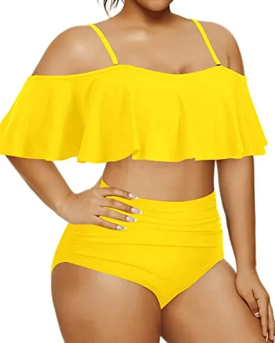 Adjustable Spaghetti Strap Bikini Set For Women Plus Size Tummy Control Bottom-Neon Yellow