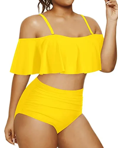 Adjustable Spaghetti Strap Bikini Set For Women Plus Size Tummy Control Bottom-Neon Yellow