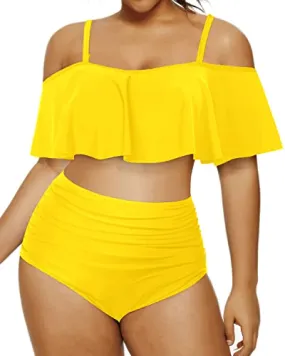 Adjustable Spaghetti Strap Bikini Set For Women Plus Size Tummy Control Bottom-Neon Yellow