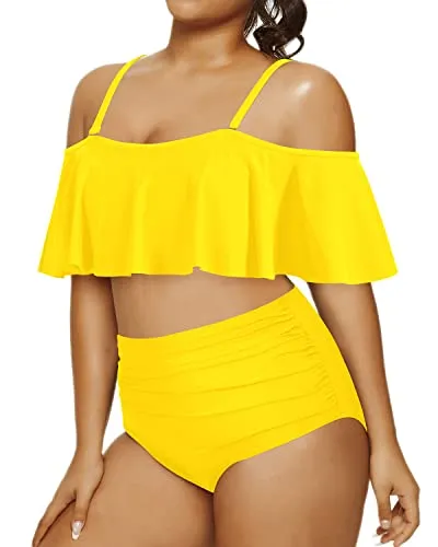 Adjustable Spaghetti Strap Bikini Set For Women Plus Size Tummy Control Bottom-Neon Yellow