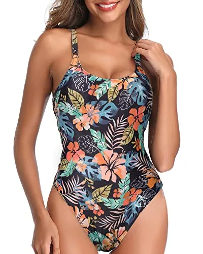 Adjustable Straps Tall One Piece Swimsuits For Women-Black Red Flower