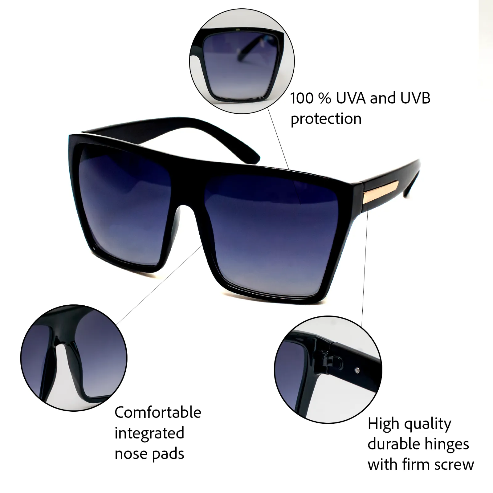 Angelica Black Oversized Flat Top Sunglasses