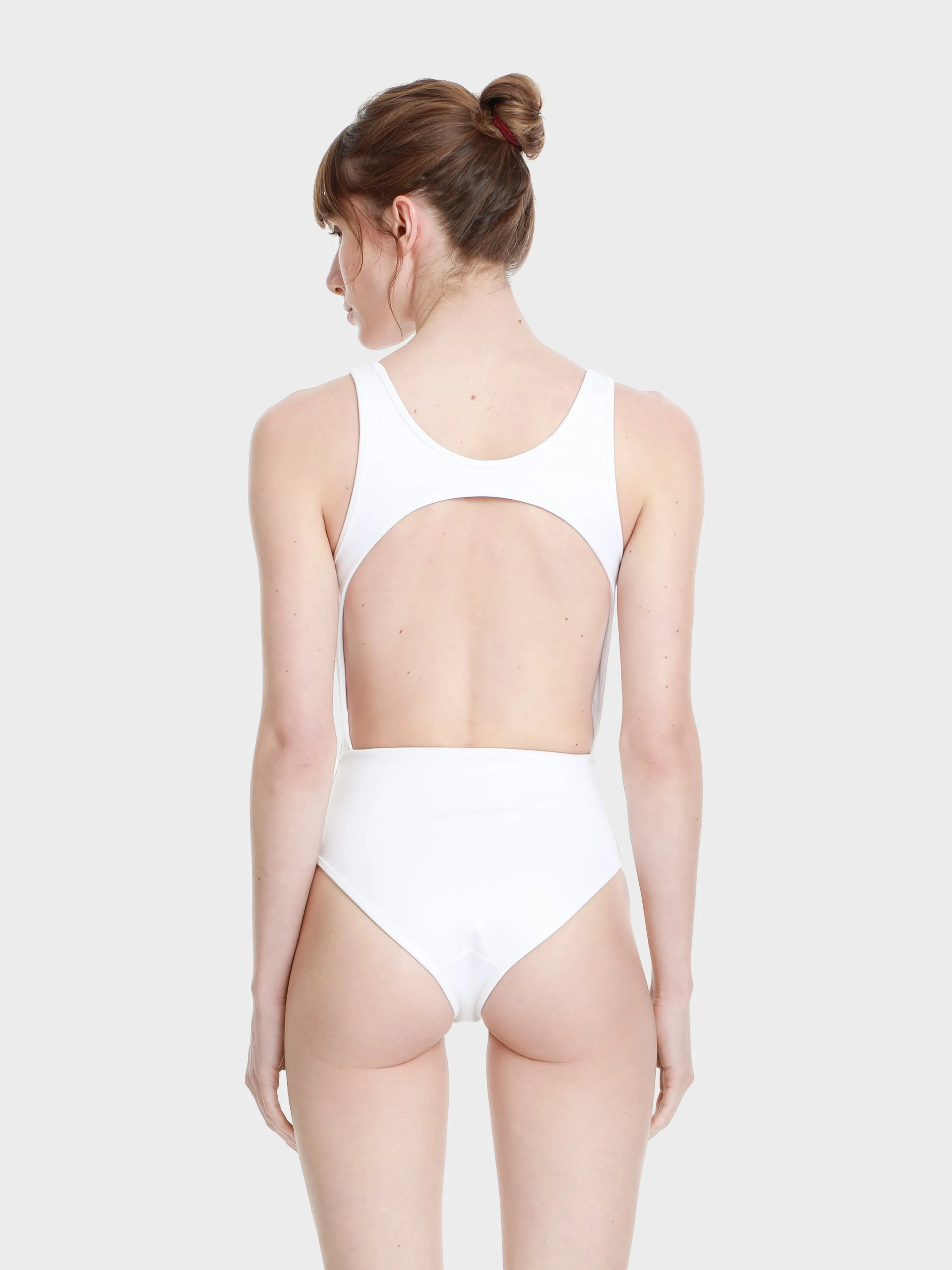 Athletic neoprene one piece open back bathing suit
