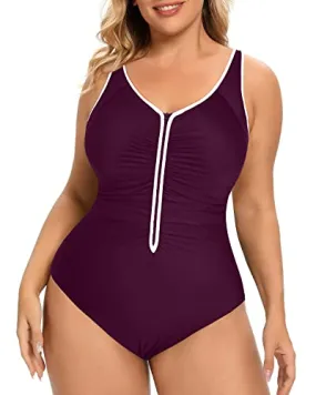 Athletic Zip Up One Piece Swimsuit For Plus Size Women-Maroon