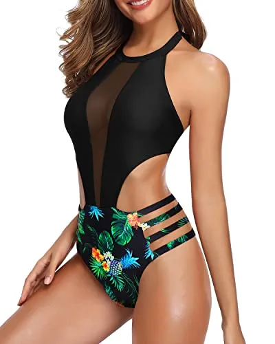 Attractive Cutout Strap Design Sexy One Piece Bathing Suit For Women-Black Pineapple