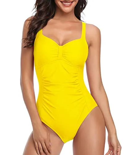 Backless Full Coverage Ruched One Piece Swimsuits For Women-Neon Yellow