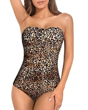 Bandeau Strapless One Piece Swimsuit For Women Tummy Control-Leopard
