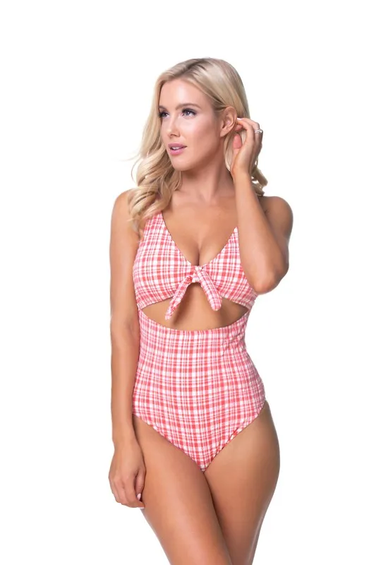 Beach Joy TEXTURED PLAID CUTOUT ONE PIECE SWIMSUIT
