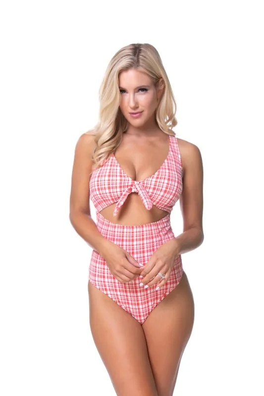 Beach Joy TEXTURED PLAID CUTOUT ONE PIECE SWIMSUIT