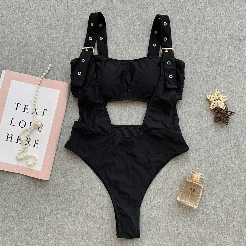 Black Buckle Backless Cutout High Cut Swimsuit