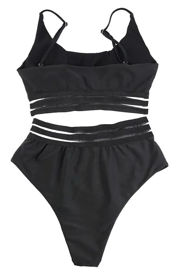 Black High Waist Striped Mesh Bikinis