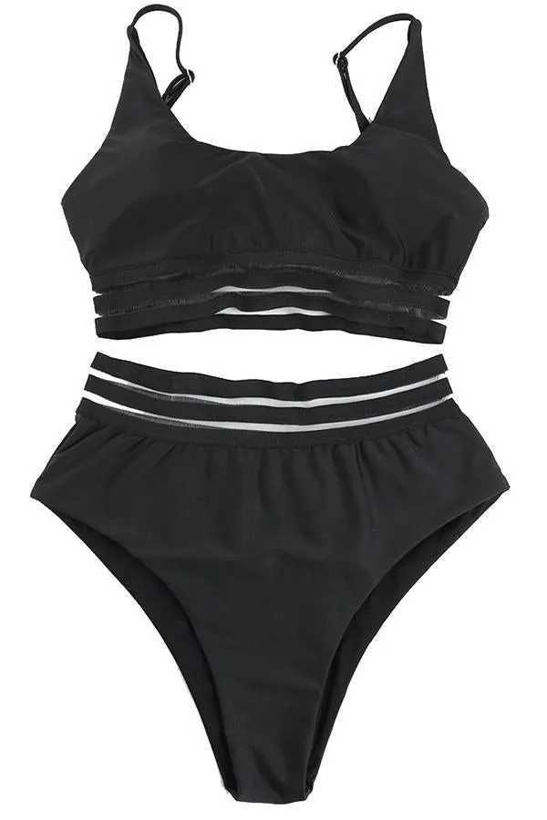 Black High Waist Striped Mesh Bikinis