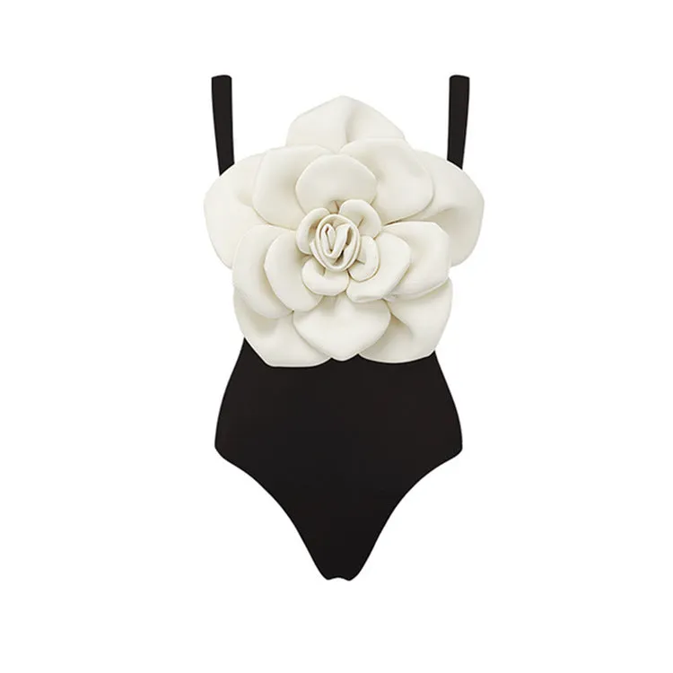 Black White Big Floral One Piece Swimsuit
