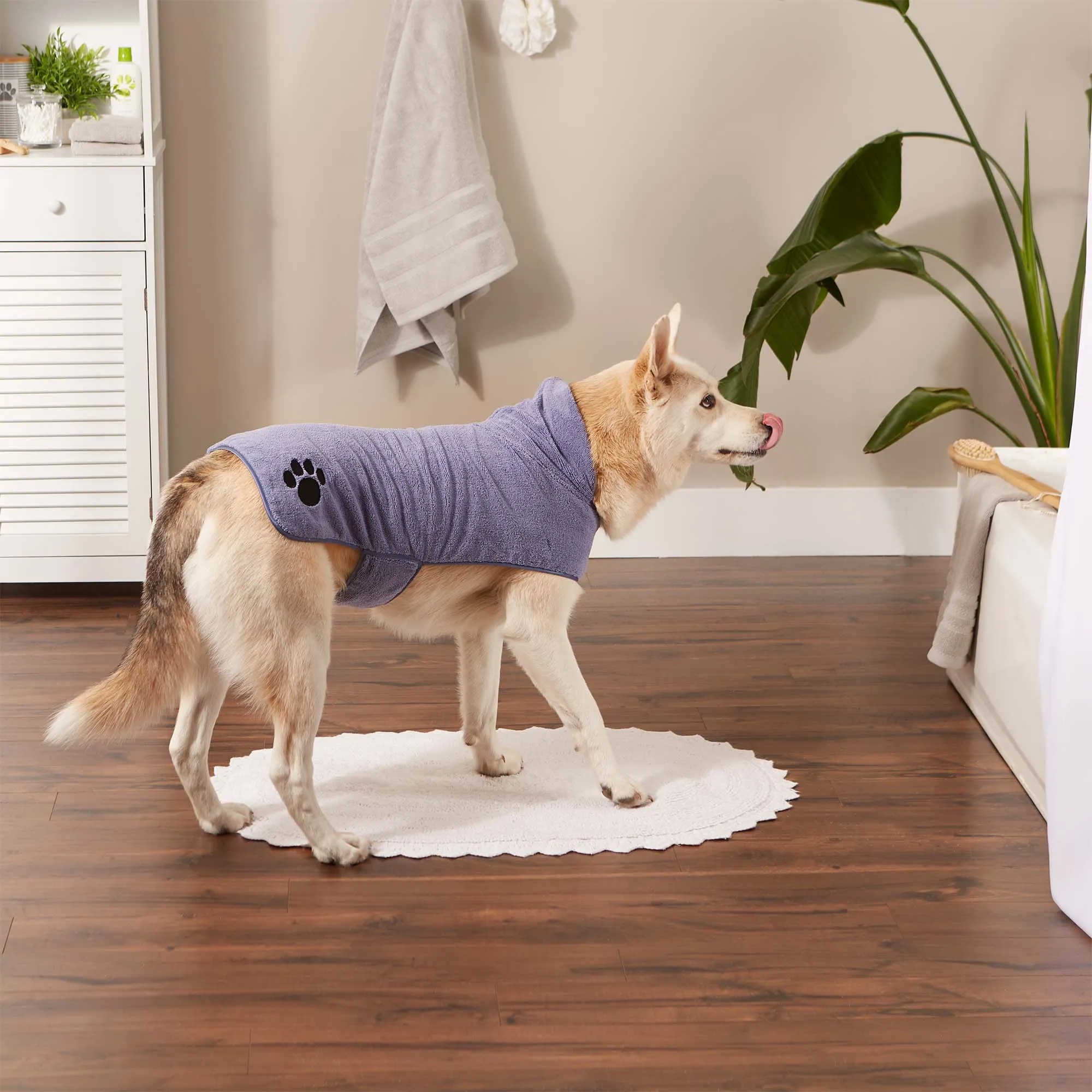 Bone Dry Terry Microfiber Pet Robe, Embroidered Paw Print - Stonewash Blue - Large, 35-50 lbs