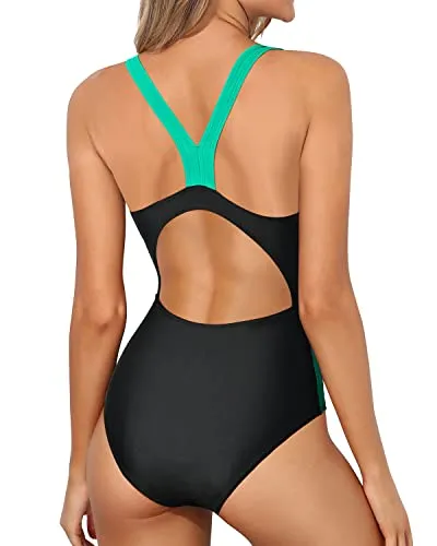 Breathable Splicing Athletic One Piece Swimsuits-Black Green