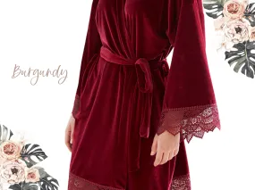 Burgundy Velvet Bridesmaid Robe, Velvet Stretch With Lace Robes, Personalized  Bridesmaid Gift, Customized Kimono Robes