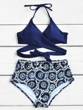 Calico Print Wrap High Waist Bikini Set