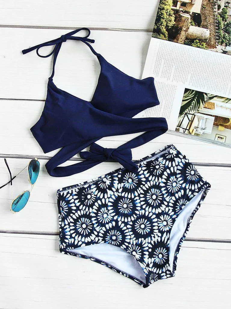Calico Print Wrap High Waist Bikini Set