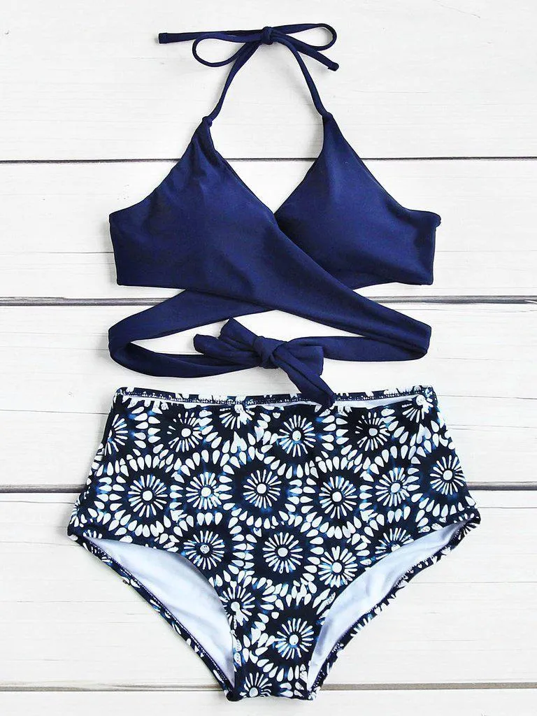 Calico Print Wrap High Waist Bikini Set