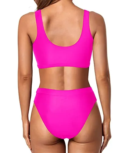 Cheeky High Waisted Two Piece Swimsuit For Women-Neon Pink