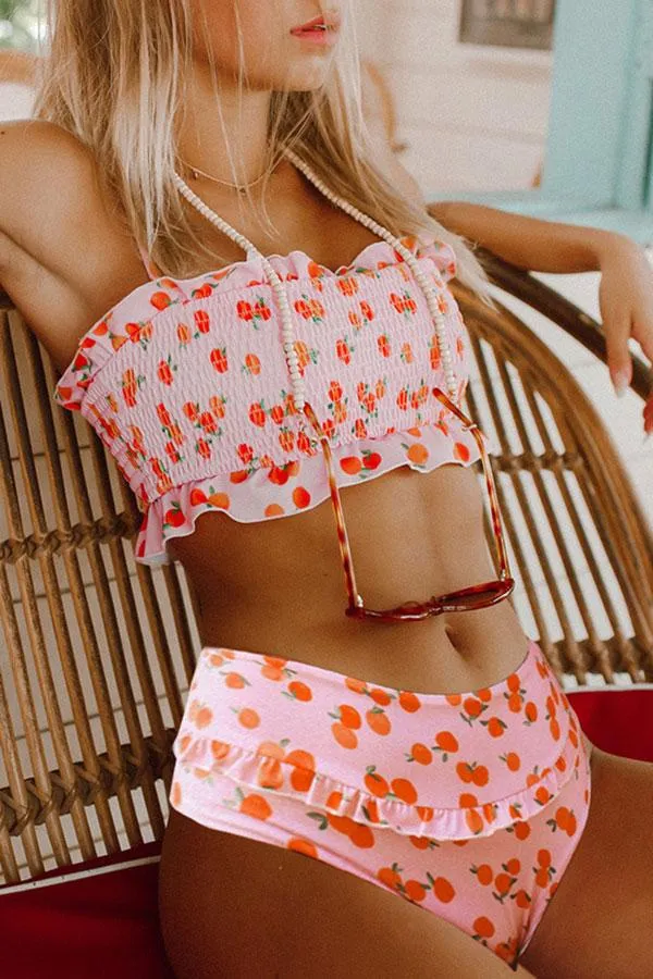 Cherry Print Strap Shirred Sweet High Waist Bikini