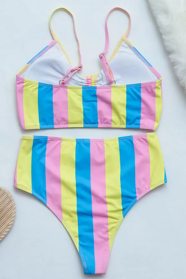 Color Stripe Classic Lace-Up High Waist Bikini