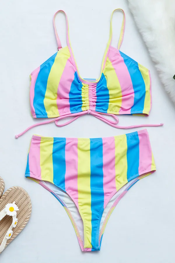 Color Stripe Classic Lace-Up High Waist Bikini