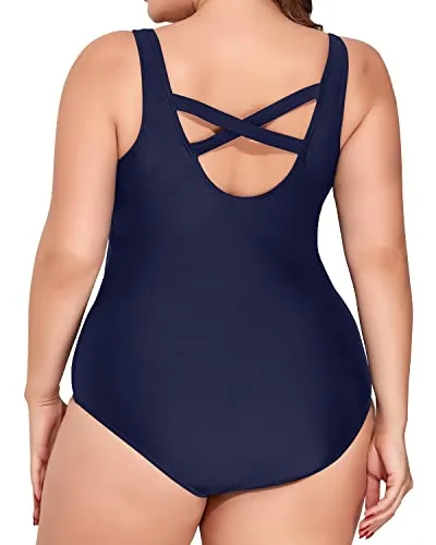 Competitive Plus Size One Piece Swimsuits With Tummy Control Bathing Suits-Navy Blue