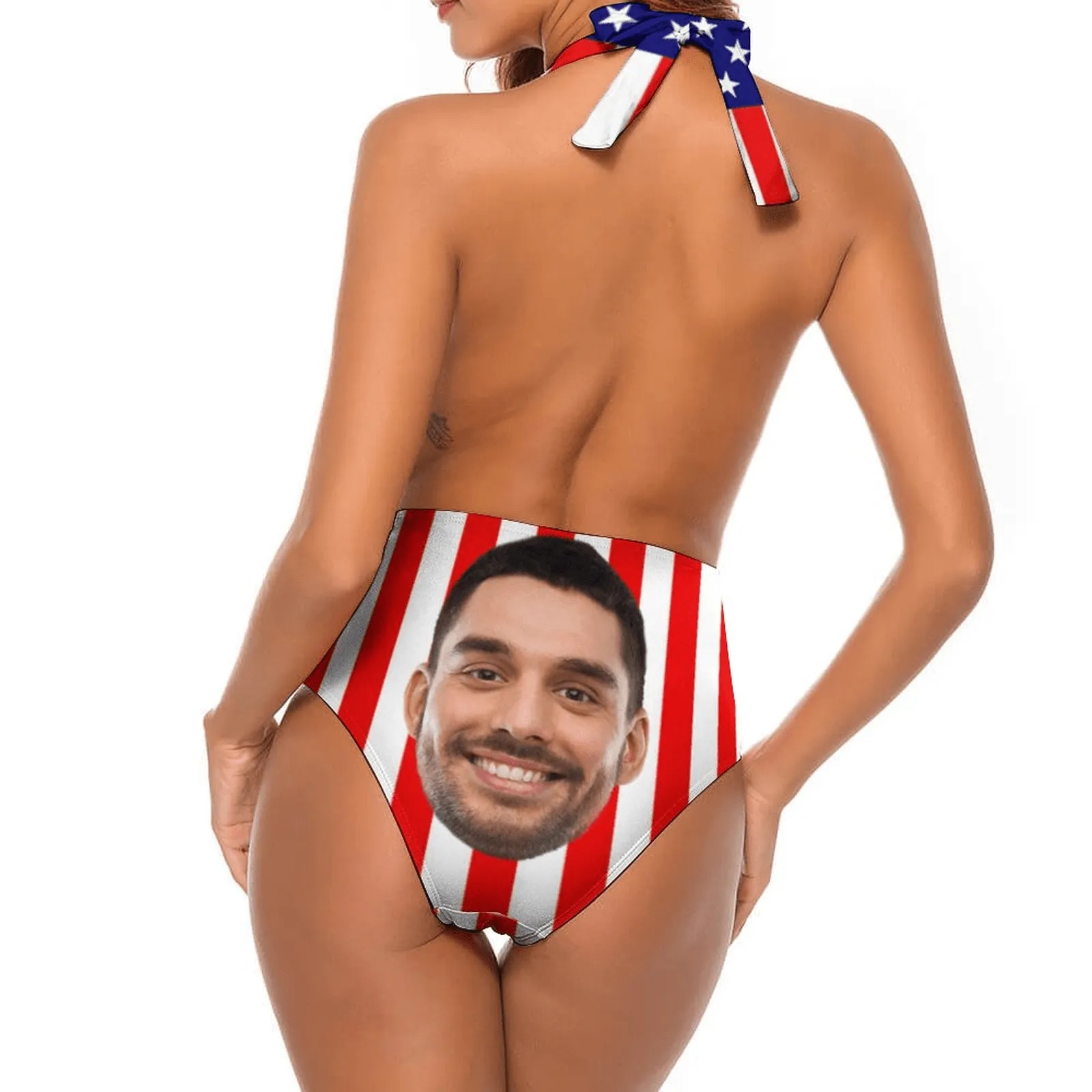 Custom American Flag Swimsuit Personalized Women's Backless V-Neck One Piece Bathing Suit Celebrate Holiday Party