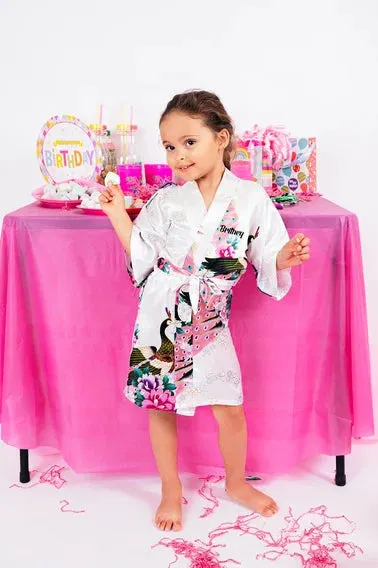 Custom Kids Floral Satin robes fro birthday sleepover parties - Script Glitter arrow and Heart