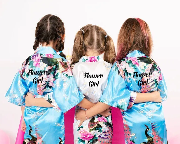 Custom Kids Floral Satin robes fro birthday sleepover parties - Script Glitter arrow and Heart