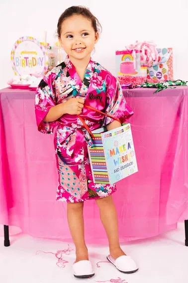 Custom Kids Floral Satin robes fro birthday sleepover parties - Script Glitter arrow and Heart
