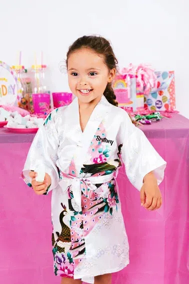 Custom Kids Floral Satin robes fro birthday sleepover parties - Script Glitter arrow and Heart