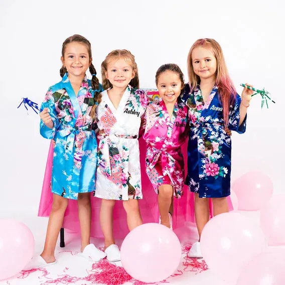 Custom Kids Floral Satin robes fro birthday sleepover parties - Script Glitter arrow and Heart